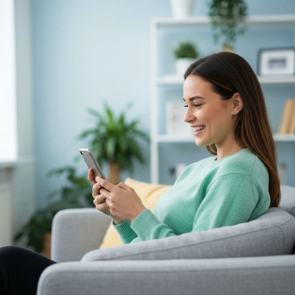 Personne sur un canapé qui utilise Kashcompare sur smartphone