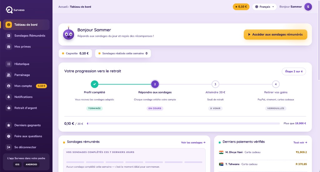 Capture d'écran du tableau de bord Surveoo : cagnotte, accès aux sondages rémunérés et progression vers le retrait