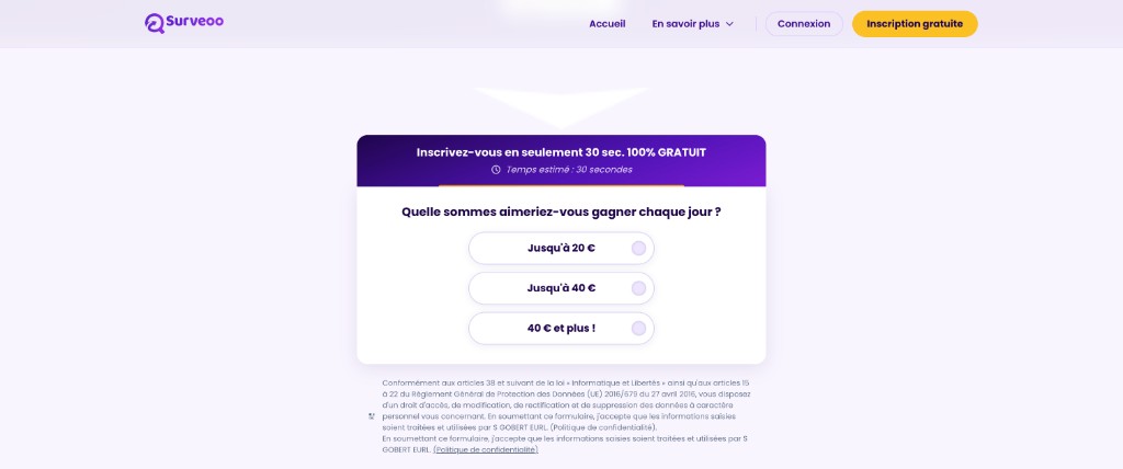 Capture d'écran Surveoo : inscription gratuite en 30 secondes avec choix du montant souhaité par jour